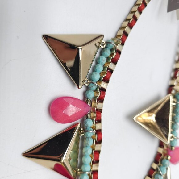 Zoë + Syd Gold Triangle Statement Necklace With Pink & Turquoise Beads - Picture 2 of 10